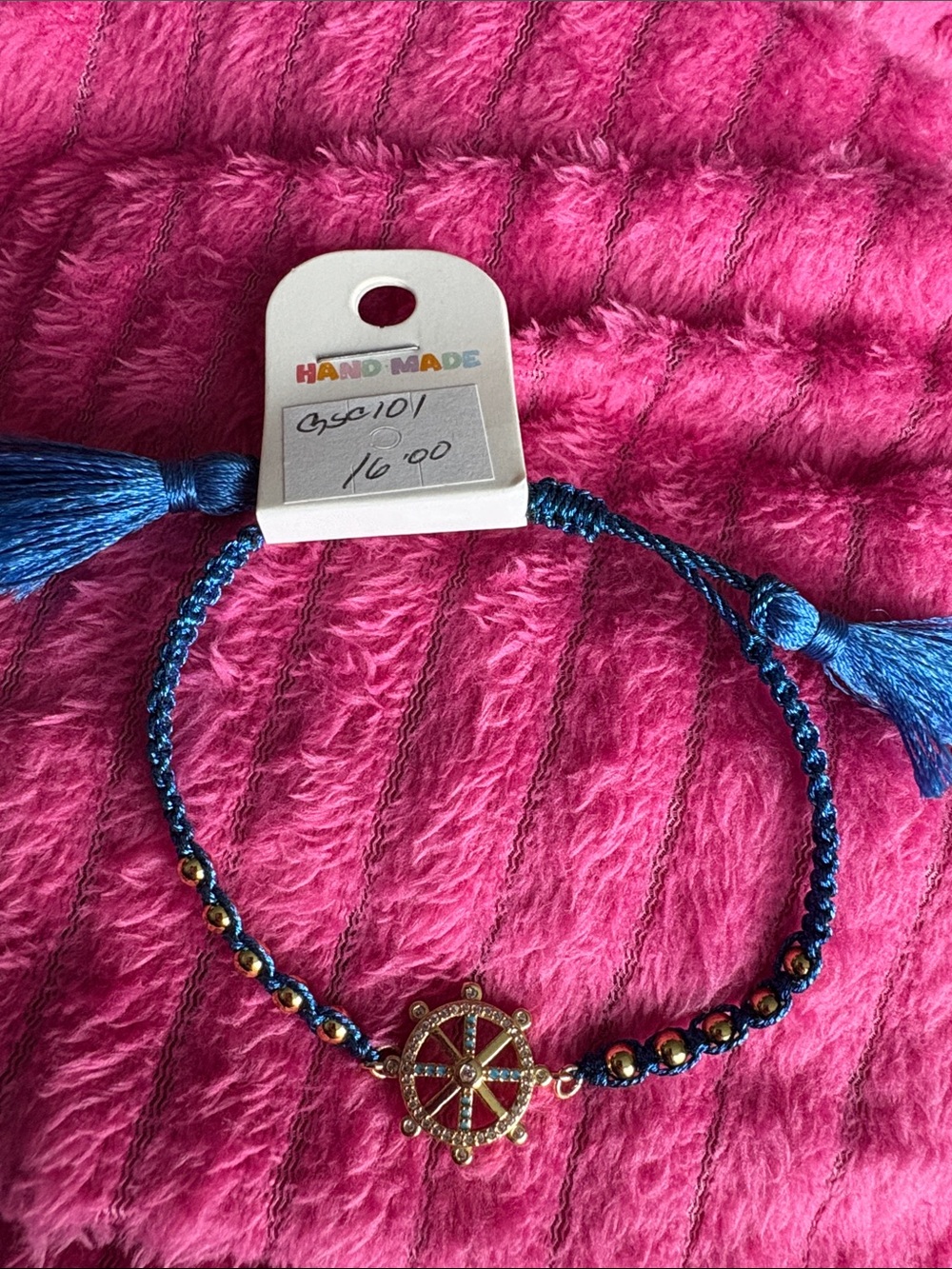 Handmade Blue Woven Bracelet with Gold Nautical Wheel Charm